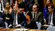 An image of the US Ambassador to the United Nations Nikki Haley vetos an Egyptian-drafted resolution regarding recent decisions concerning the status of Jerusalem, during the United Nations Security Council meeting on the situation in the Middle East, inc