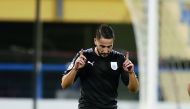 Al Sadd’s Jugurtha Hamroun celebrates his goal against Al Gharafa yesterday. 