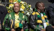 In this file photo taken on July 31, 2016 South African ruling party African National Congress (ANC) president Jacob Zuma (L) and deputy Cyril Ramaphosa arriving for the ANC closing rally campaign for the municipal elections at Ellis Park Stadium in Johan