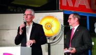 Head of the French national state-owned railway company SNCF Guillaume Pepy (L) flanked by director of SNCF Reseau Patrick Jeantet speaks at the Ground Control venue near the Gare de Lyon in Paris on March 12, 2018, during the celebrations of French rail 