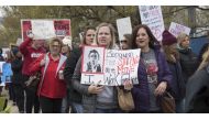 Teachers walk the picket line during a rally at the state capitol on April 2, 2018 in Oklahoma City.  Mary Fallin. J Pat Carter/Getty Images/AFP