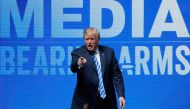 FILE PHOTO: US President Donald Trump gestures after speaking at a National Rifle Association (NRA) convention in Dallas, Texas, US May 4, 2018. Reuters/Lucas Jackson/File Photo