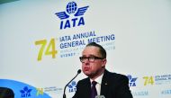Qantas chief executive Alan Joyce speaks at a press conference at the International Air Transport Association (IATA) annual meeting in Sydney on June 5, 2018.  AFP / Peter Parks