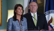 US Ambassador to the United Nations Nikki Haley delivers remarks to the press together with US Secretary of State Mike Pompeo, announcing the US's withdrawal from the UN's Human Rights Council at the Department of State in Washington, US, June 19, 2018. R