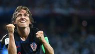 Croatia's midfielder Luka Modric celebrates after scoring their second goal during the Russia 2018 World Cup Group D football match between Argentina and Croatia at the Nizhny Novgorod Stadium in Nizhny Novgorod on June 21, 2018.  AFP / Johannes Eisele
