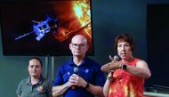 Alex Young, solar scientist at NASA's Goddard Space Flight Center (middle), Nicola Fox, Parker Solar Probe project scientist at Johns Hopkins Applied Physics Laboratory (APL) (right), and Betsy Congdon, Parker Solar Probe Thermal Protection System lead en