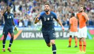 France's forward Olivier Giroud celebrates after scoring a goal during the UEFA Nations League football match between France and Netherlands at the Stade de France stadium, in Saint-Denis, northern Paris, on September 9, 2018.  AFP / Franck Fife 