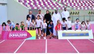 Dahlan Al Hamad (second right), Vice-President and Director General of IAAF WCH Doha 2019 Orgnising Committee and Vice-President of the IAAF, Dr Saud Abdula Ghani (left), Professor at the College of Engineering at Qatar University, Aretha Thurmond (second