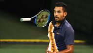 Nick Kyrgios of Australia reacts after a point against Bradley Klahn of the US during their men's single round of 64 match at the Shanghai Masters tennis tournament on October 8, 2018. / AFP / Johannes EISELE