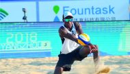Qatar’s Cherif Youousse in action during FIVB Beach Volleyball World Tour Yangzhou 4-star, in Yangzhou, yesterday.