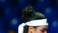 Ons Jabeur of Tunisia in action against Sloane Stephens (not seen) of USA during the women's singles tennis qualifying match within the 2018 VTB Kremlin Cup International Tennis Tournament at the Olympic Stadium in Moscow, Russia on October 17, 2018. (Sef