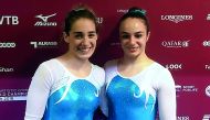 Argentina’s Ayelen Tarabini (left) and Martina Dominici (ARG) pose after podium training at Aspire Dome, yesterday. 