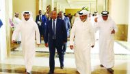 Ahmad Ahmad (second left), President of Confederation of African Football delegation, is seen along with Sheikh Hamad bin Khalifa bin Ahmed Al Thani (second right), President of Qatar Football Association (QFA), Hassan Al Thawadi (left), Secretary-General