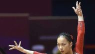 China’s Zhang Jin during floor qualifying yesterday. Picture: Syed Omar