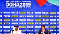 Dahlan Al Hamad (left), Director-General of the Local Organising Committee and Vice-President of the IAAF (left) and Lord Sebastian Coe, IAAF President addressing the media during a press conference held in Doha yesterday. Pic: Abdul Basit / The Peninsula