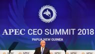 US Vice President Mike Pence delivers his keynote speech at the CEO Summit of the Asia-Pacific Economic Cooperation (APEC) summit in Port Moresby on November 17, 2018. / AFP / SAEED KHAN