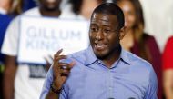 (FILES) In this file photo taken on November 2, 2018 Florida Democratic gubernatorial nominee Andrew Gillum addresses the crowd as he, former US President Barack Obama, and Senator Bill Nelson (D-FL) stump for votes at a rally in Miami, Florida. AFP / RHO