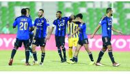 Al Sailiya players celebrate after defeating Al Gharafa in their QNB Stars League match on Saturday.