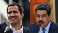 This combination of pictures created on January 24, 2019 shows (L) Venezuela's National Assembly head Juan Guaido waving to the crowd during a mass opposition rally against leader Nicolas Maduro in which he declared himself the country's 