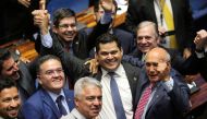 Davi Alcolumbre, from the Democratas party is congratulated by his colleagues after being elected for presidency of Brazilian senate in Brasilia, Brazil February 2, 2019. Fabio Rodrigues Pozzebom/Agencia Brasil/ via Reuters 