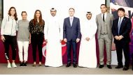 FROM LEFT: Julia Gorges of Germany, Barbora Strycova of Czech Republic, Oman’s Fatma Al Nabhani, Tournament Director Saad Saleh Al Mohannadi, Managing Director of Total E&P Golfe and Group Representative Laurent Wolffsheim, Qatar Tennis Federation (QTF) S