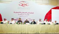 Abdulla bin Khalifa Al Attiya (second left), Deputy Chairman, QIC Group; and other Board members during the Annual General Assembly Meeting at Four Seasons Hotel Doha, yesterday.