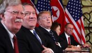 US President Donald Trump,  Secretary of State Mike Pompeo, White House national security adviser John Bolton and acting White House Chief of Staff Mick Mulvaney attend the extended bilateral meeting in the Metropole hotel with North Korea's leader Kim Jo