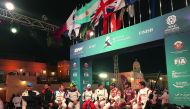 Drivers attend a pre-event press conference at Al Wakrah prior to the ceremonial start yesterday.