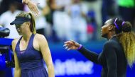 Serena Williams of the United States (right) and Maria Sharapova of Russia react after a first round match on day one of the 2019 U.S. Open tennis tournament at USTA Billie Jean King National Tennis Center. Credit: Jerry Lai-USA TODAY Sports