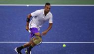 Nick Kyrgios of Australia plays a volley during his Men's Singles first round match against Steve Johnson of the United States on day two of the 2019 US Open at the USTA Billie Jean King National Tennis Center on August 27, 2019 in the Flushing neighborho
