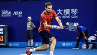 Andy Murray of Britain hits a return against Alex de Minaur of Australia during their men's singles second-round match at the Zhuhai Championships tennis tournament in Zhuhai in China's southern Guangdong province on September 26, 2019. China OUT / AFP / 