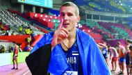 Estonia’s Maicel Uibo celebrates after winning the silver medal in the men’s decathlon on Thursday.