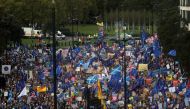 EU supporters march as parliament sits on a Saturday for the first time since the 1982 Falklands War, to discuss Brexit in London, Britain, October 19, 2019. REUTERS/Simon Dawson