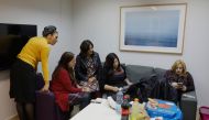 A picture taken on November 18, 2019, shows Israeli activists (L to R) Hila Hassan Lefkowitz, Esther Twersky, Yael Elimelech, Esti Shushan, and Rachel Morgerstern of the Nivcharot foundation, an Ultra-Orthodox feminist group, during a work meeting in the 