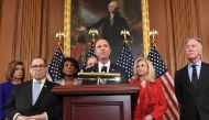 Adam Schiff, Jerry Nadler(2ndL), Nancy Pelosi(L), Eliot Engel(R), Maxine Waters(3rdL), Democrat of California, and Carolyn Maloney(2ndR) announces articles of impeachment for US President Donald Trump during a press conference, December 10, 2019. AFP / Sa