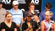 Sania mirza (C) of India with Ukraine's Nadiia Kichenok (L) and Bethanie Mattek-Sands of the US attend a press conference ahead of the Australian Open tennis tournament in Melbourne on January 19, 2020./ AFP / DAVID GRAY 