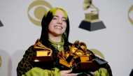 US singer-songwriter Billie Eilish poses in the press room with the awards for Album Of The Year, Record Of The Year, Best New Artist, Song Of The Year and Best Pop Vocal Album during the 62nd Annual Grammy Awards on January 26, 2020, in Los Angeles. / AF