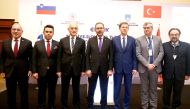 Turkish Minister of Youth and Sports, Mehmet Muharrem Kasapoglu  (centre) and Deputy Prime Minister and Foreign Minister of Slovenia Miro Cerar (third right) attend Turkey- Slovenia Business Forum in Istanbul, Turkey yesterday. 