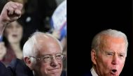 Bernie Sanders and Joe Biden speaking during a Super Tuesday event in Los Angeles on March 3, 2020. AFP / Timothy A Clary & Frederic J Brown