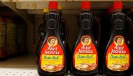 Bottles of Aunt Jemima branded syrup stand on a store shelf inside of a shop in the Brooklyn borough of New York City, New York, U.S., June 17, 2020. REUTERS/Brendan McDermid
