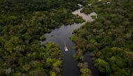 In this aerial file photo taken on March 15, 2020 a boat is seen speeding on the Jurura river in the municipality of Carauari, Amazonas state, in the heart of the Brazilian Amazon Rainforest. AFP / Florence GOISNARD