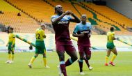 West Ham United's Michail Antonio celebrates scoring their second goal, as play resumes behind closed doors following the outbreak of the coronavirus disease (COVID-19) Pool via REUTERS/Tim Keeton 