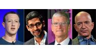 (COMBO) This combination of pictures created on July 07, 2020 shows (L-R) Facebook CEO Mark Zuckerberg in Paris on May 23, 2018, Google CEO Sundar Pichai Berlin on January 22, 2019, Apple CEO Tim Cook on October 28, 2019 in New York and Amazon Founder and
