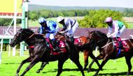 Jockey Jim Crowley riding Mohaather (front) celebrates after winning the coveted Gr1 Qatar Sussex Stakes on second day of Qatar Goodwood Festival yesterday.  
