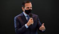 (FILES) In this file photo taken on July 21, 2020 Sao Paulo State Governor Joao Doria speaks during a press conference in Sao Paulo, Brazil, on July 21, 2020, where he presented the COVID-19 vaccine being produced by Chinese company Sinovac Biotech at the