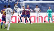 Bayern Munich’s German forward Thomas Mueller scoring against Barcelona during the UEFA Champions League quarter-final match played at the Luz Stadium in Lisbon, yesterday.