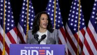 Democratic U.S. vice presidential candidate Kamala Harris speaks to reporters after receiving a briefing on the coronavirus disease (COVID-19) pandemic from public health experts during a campaign event in Wilmington, Delaware, U.S., August 13, 2020. REUT
