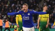 In this file photo taken on December 14, 2019 Leicester City's English striker Jamie Vardy celebrates after scoring their first goal during the English Premier League football match between Leicester City and Norwich City at King Power Stadium in Leiceste