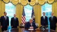 U.S. President Donald President Trump speaks after it was announced Bahrain has joined the United Arab Emirates in striking an agreement to normalize relations with Israel during a brief appearance in the Oval Office at the White House in Washington, U.S.