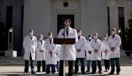 U.S. Navy Commander Dr. Sean Conley, the White House physician, talks to the media about U.S. President Donald Trump's health after the president was hospitalized for coronavirus disease (COVID-19) treatment, at Walter Reed National Military Medical Cente